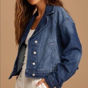 Free People Denim Jacket Now or Never Dark Wash Cropped Women's Small